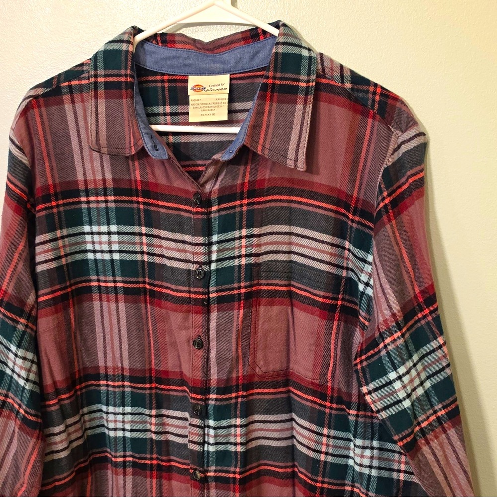 Dickies Women's Plaid Flannel Long Sleeve Button-Up Shirt 1X Multicolor #290